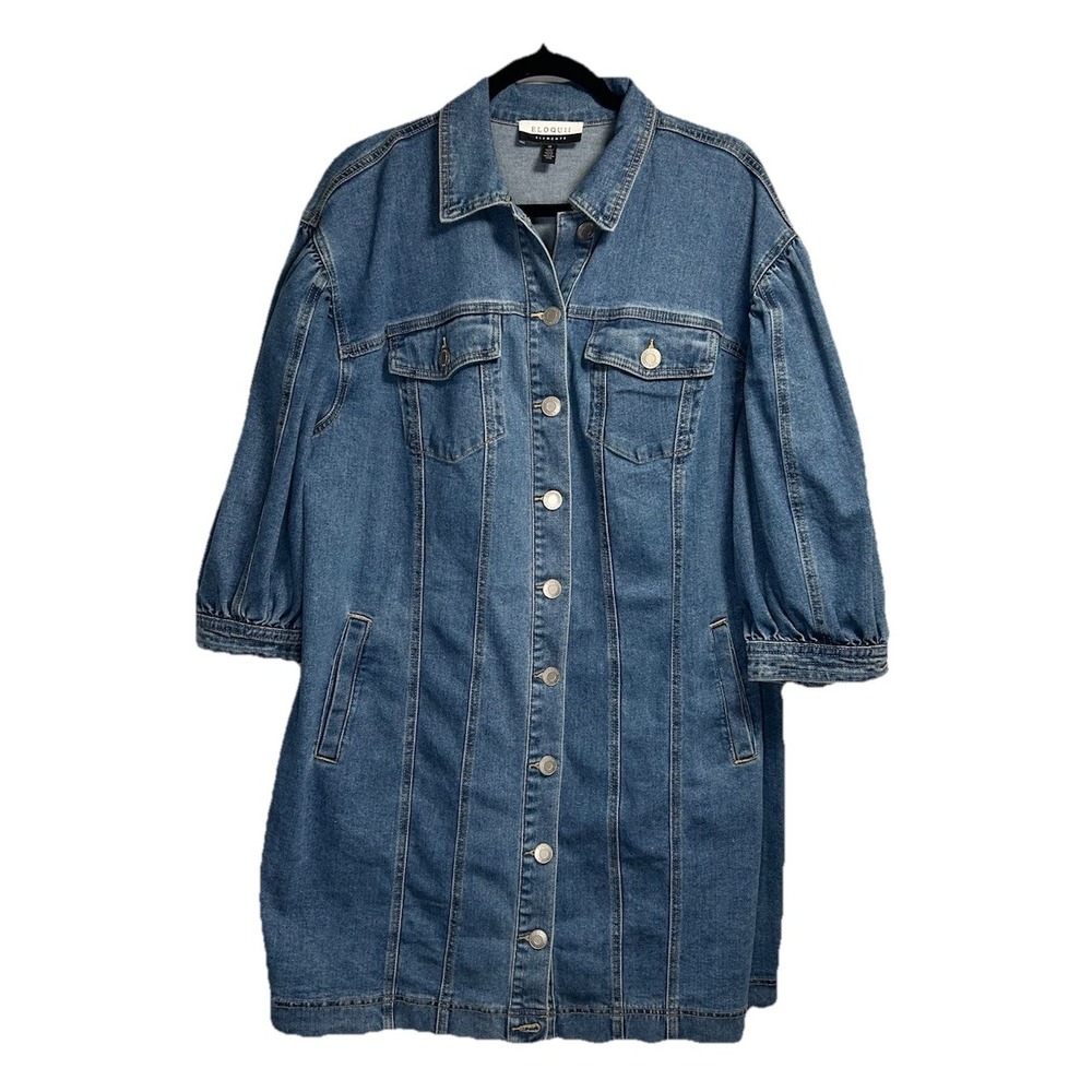 Eloquii Denim Jacket Dress Women's 18 Plus Blue Stretch Button Up‎ Short Sleeve